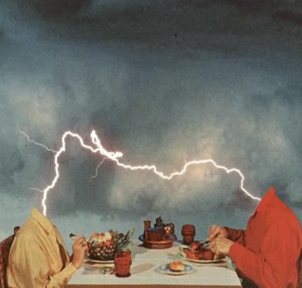 A photo of people eating at a table, interrupted by a lightning strike.