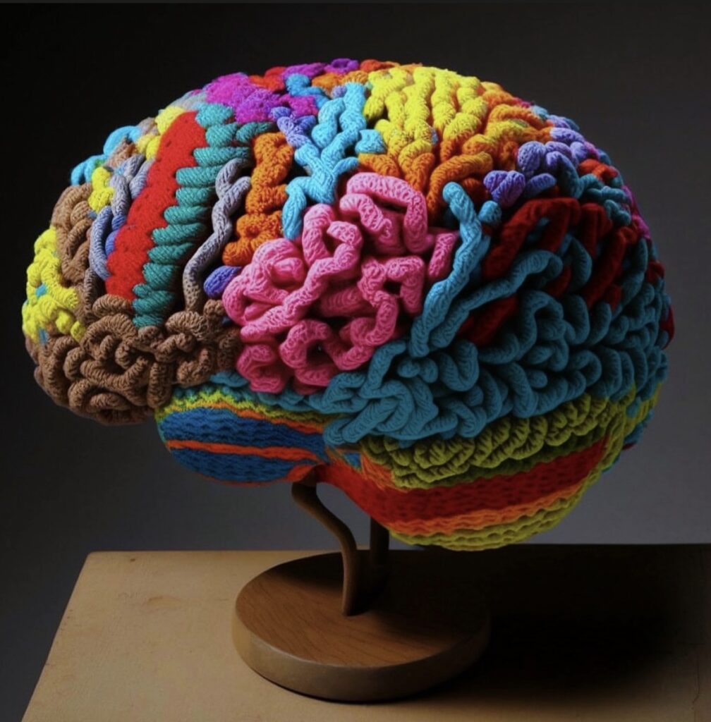 A colorful, knitted brain symbolizing the concept of neuroplasticity and the brain's ability to change and adapt.