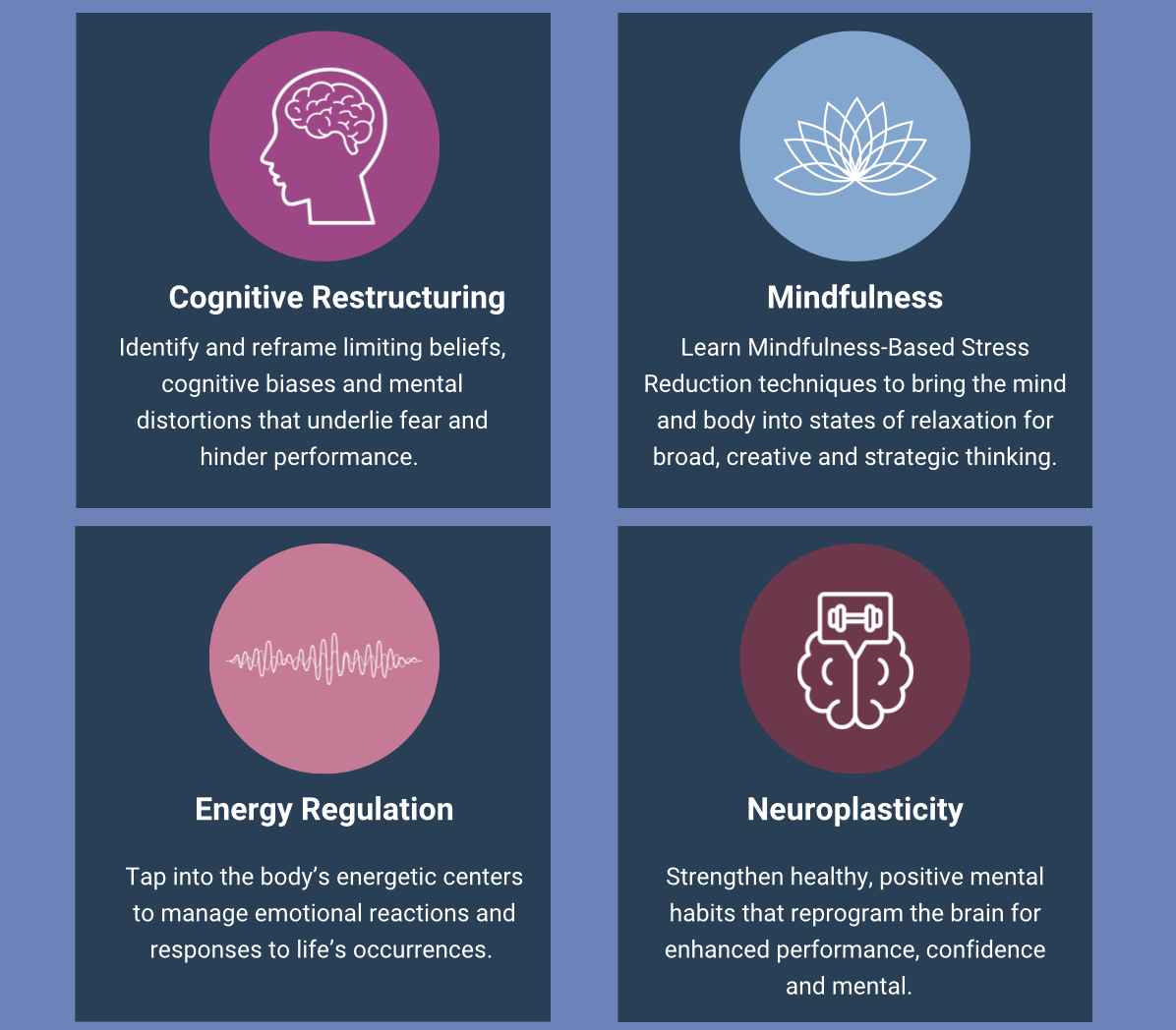 A visual representation of four key wellness techniques: Cognitive Restructuring, Mindfulness, Energy Regulation, and Neuroplasticity.