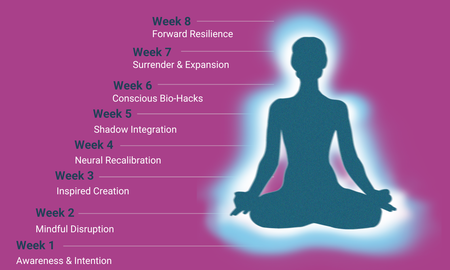 A meditating figure surrounded by words representing different stages of a transformative journey.