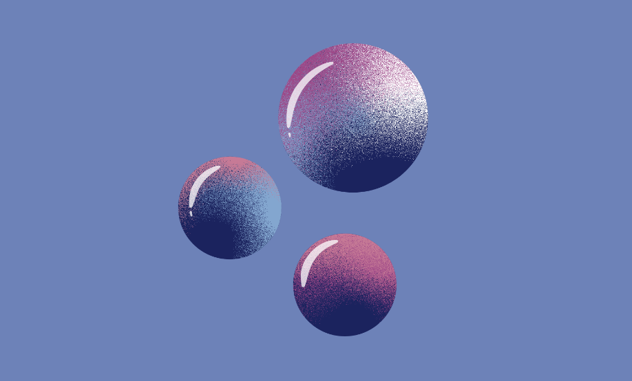 A digital illustration of three colorful orbs on a blue background.